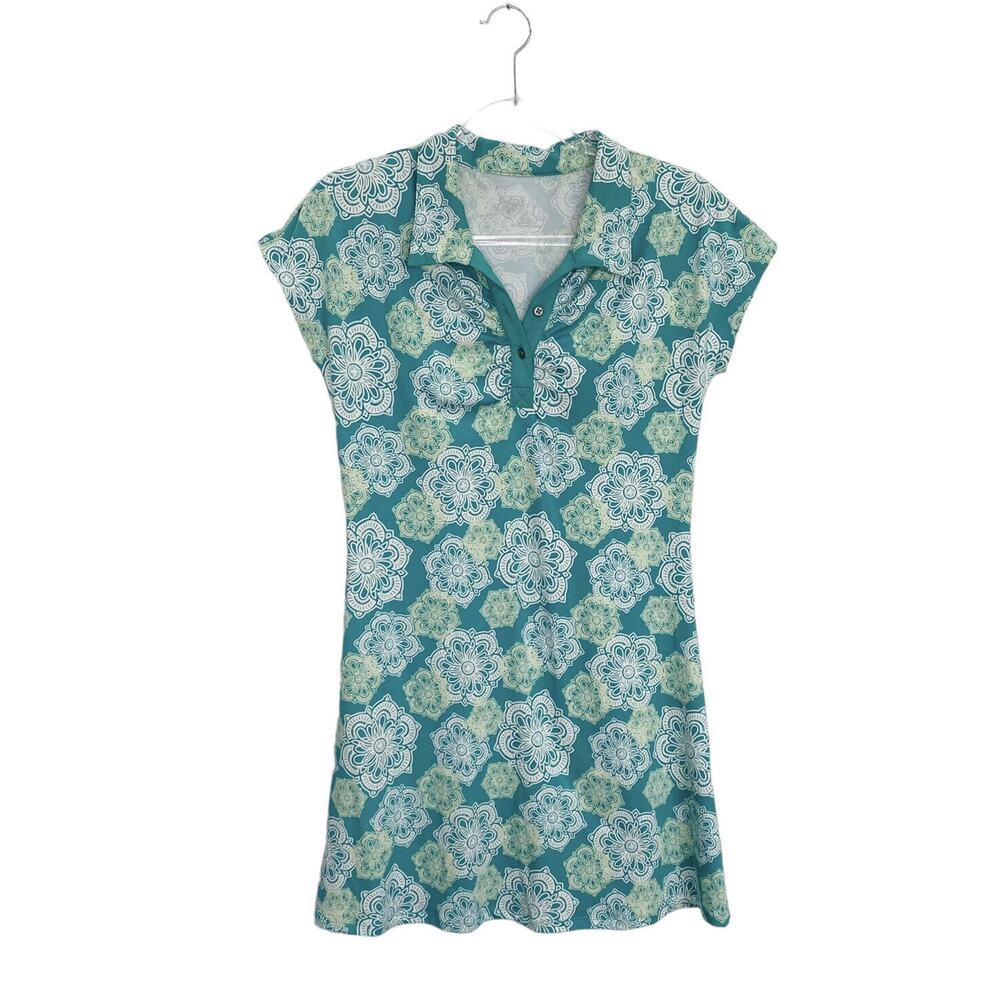 Lola Dress Womens Size Small Teal Green Mandela Stretch V-Neck Cap Short Sleeved
